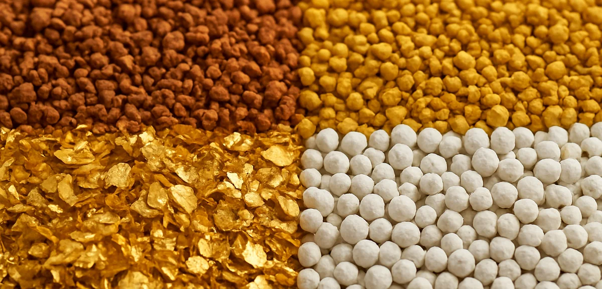 Close up macro of four horticultural substrates arranged in quadrants, reddish brown granules, yello