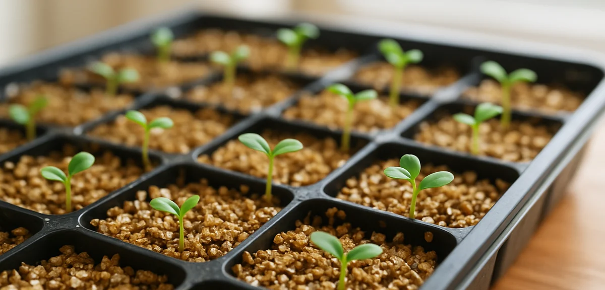 Golden flaky vermiculite in a seed tray with tiny green seedlings emerging, indoor propagation setup