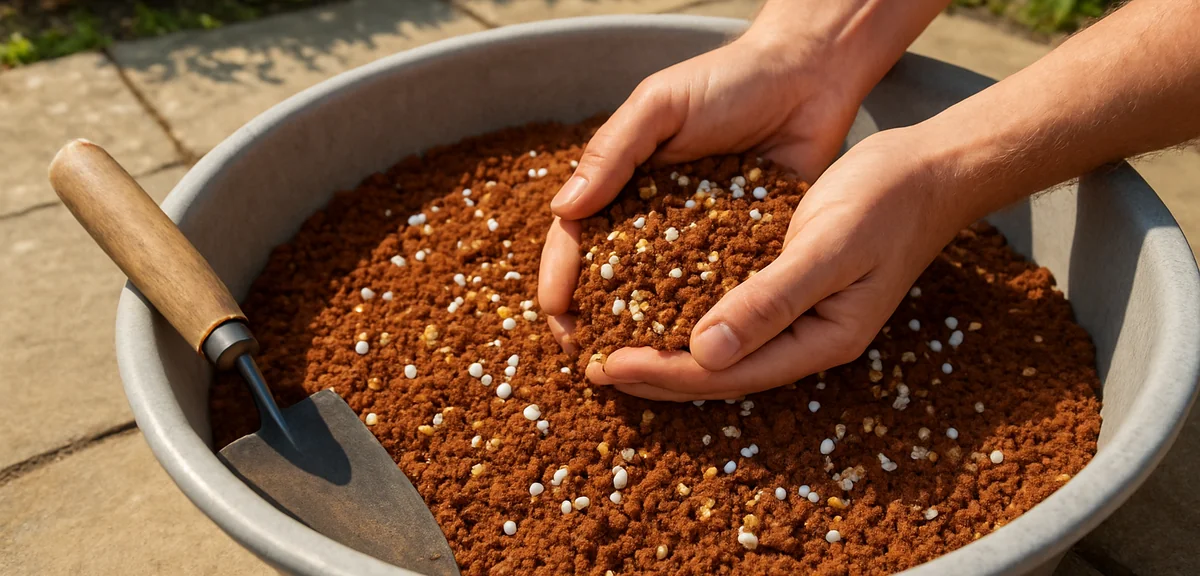 Hands mixing reddish granular soil with white pellets and golden flakes in a wide shallow tub on a p