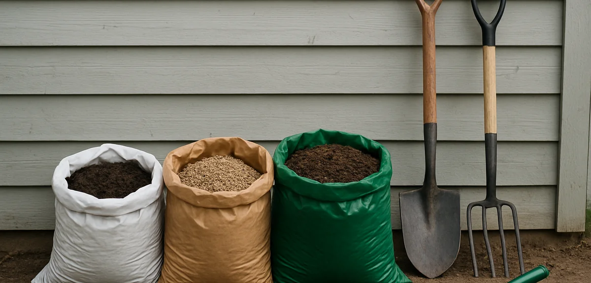 Several open bags of horticultural soil materials lined up against a shed wall with labels facing fo
