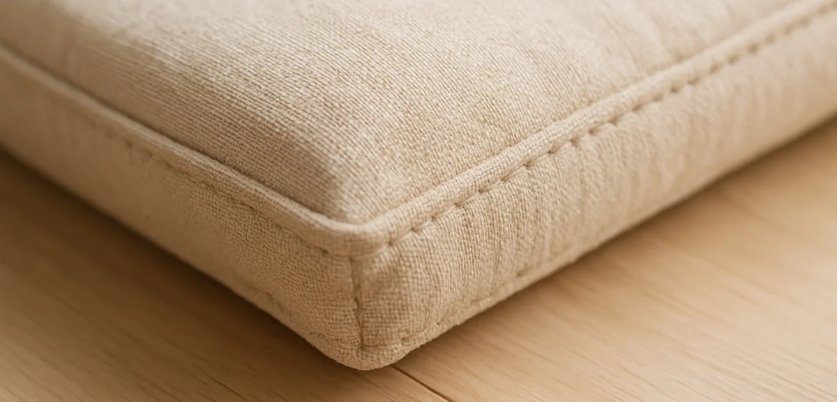 Close up of the corner of a japanese floor cushion showing the stitched seam on three sides and the