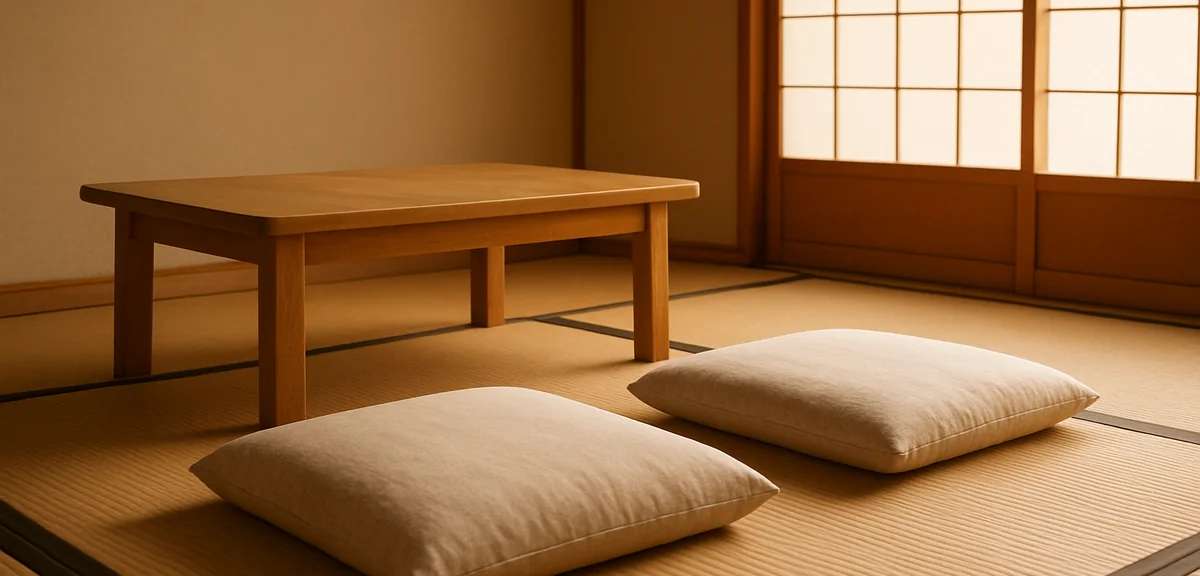 Two floor cushions placed neatly and evenly in front of a low wooden table in a tatami room, prepare