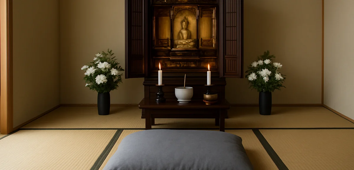 A large formal floor cushion placed in front of a buddhist altar in a tatami room, prepared for a me