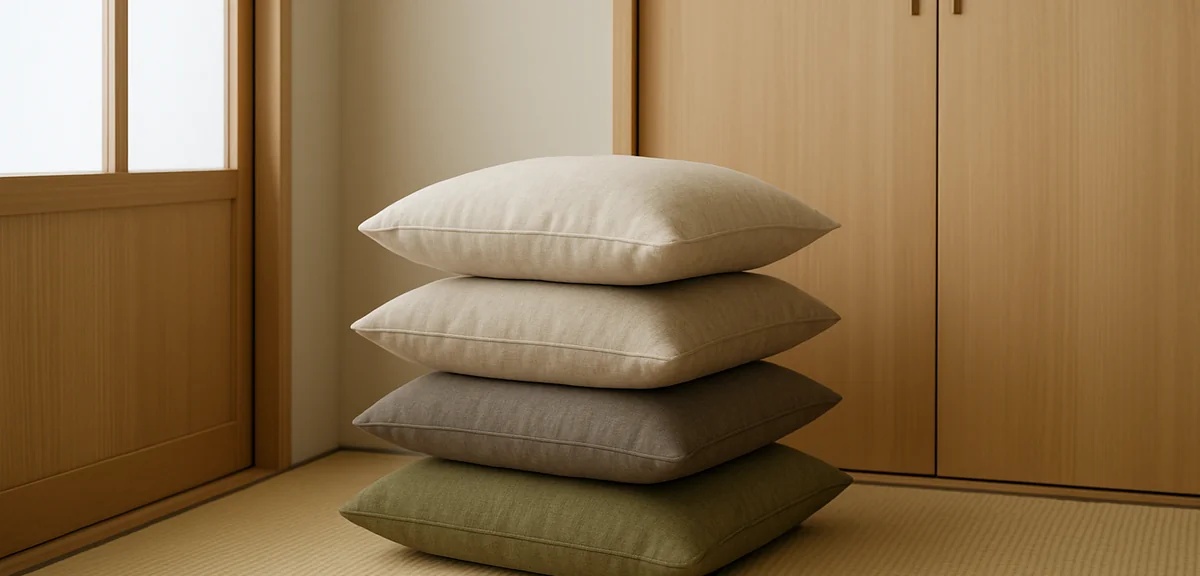 Four matching floor cushions in muted natural colors stacked neatly beside a closet in a japanese ro