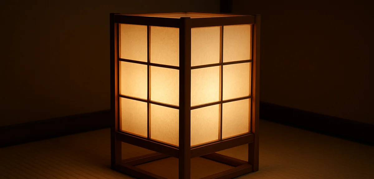 A square wooden framed paper lantern standing on a tatami floor in a dim room, soft glow through the