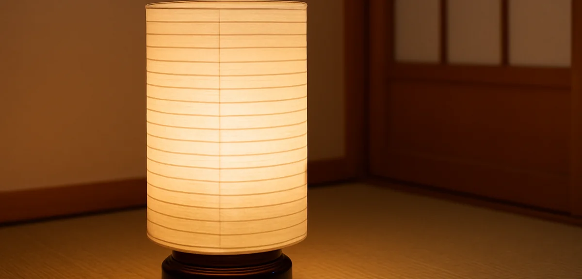 A round cylindrical paper lantern with a lacquered base in a japanese room, the outer sleeve partly 