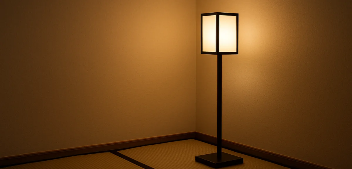 A modern electric andon style floor lamp placed at the corner of a tatami room casting soft light up