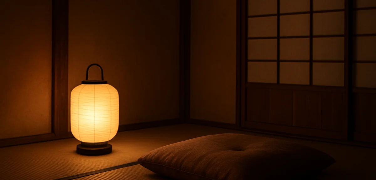 A dim japanese room lit only by a low paper lantern beside a floor cushion, warm quiet atmosphere