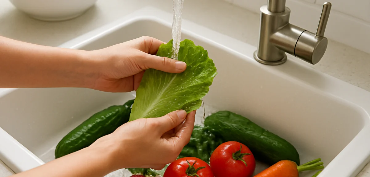 Fresh garden vegetables being washed one leaf at a time under running water in a kitchen sink, clear