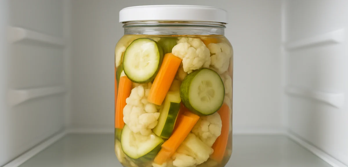 A sealed container of lightly pickled vegetables sitting on a refrigerator shelf, clean interior, so