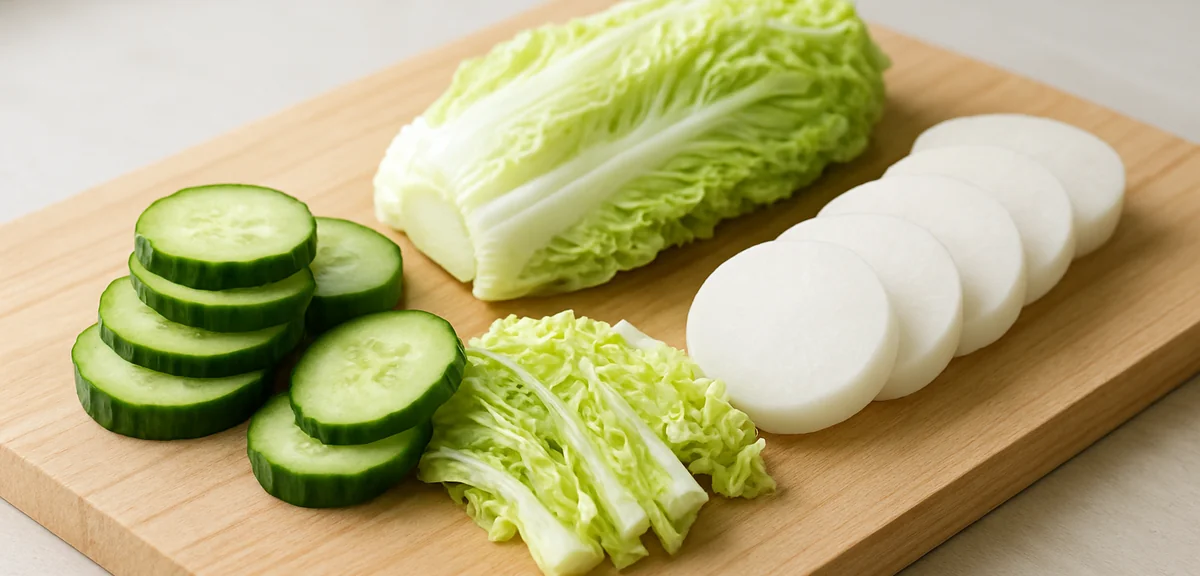 Sliced cucumber, chinese cabbage and daikon radish arranged separately on a cutting board ready for