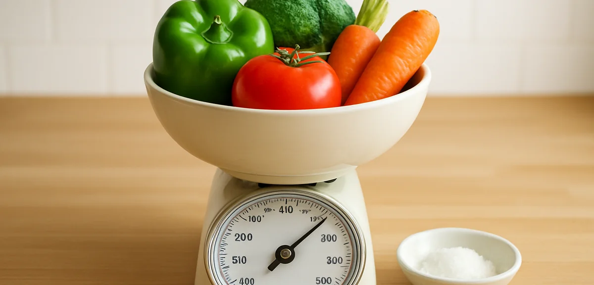 A bowl of garden vegetables on a kitchen scale showing the weight, salt measured in a small dish bes