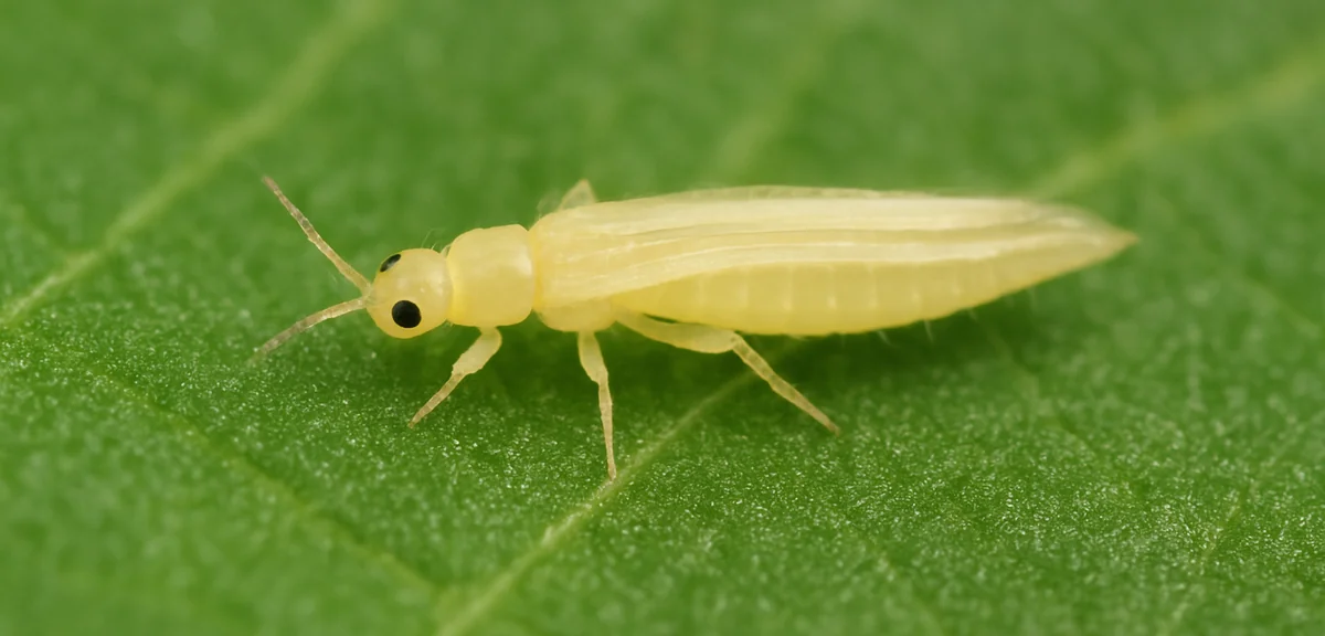 Macro photograph of a pale yellow slender thrips about one millimetre long on a green leaf surface,