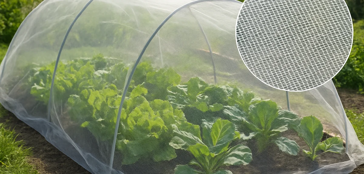A fine mesh insect net over a vegetable bed with a close up inset showing the mesh weave, home garde