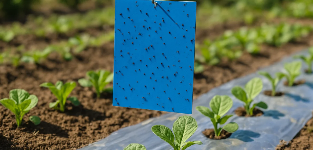 A blue sticky trap card hanging just above a row of young vegetable plants in a home garden, silver