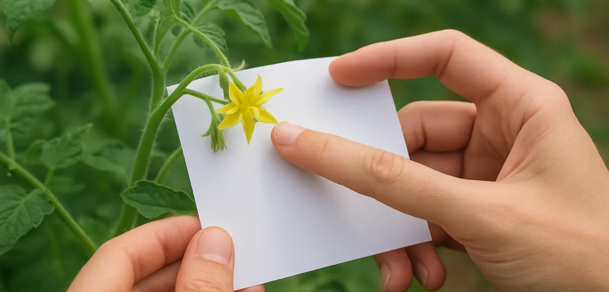 Hands holding a white sheet of paper under a flowering vegetable plant while tapping the flower, che