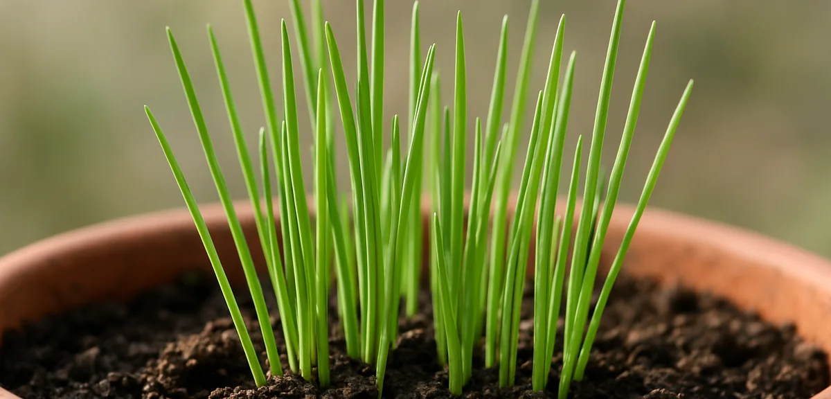 Fine upright chive leaves emerging from soil in a pot in early spring, fresh green shoots, soft natu