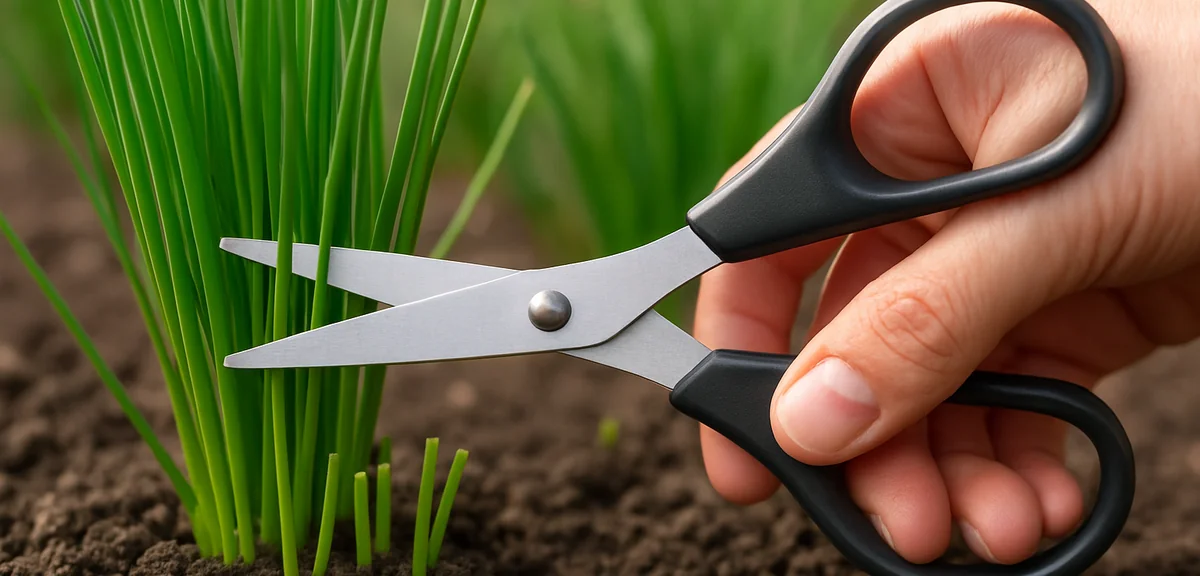 A hand cutting chive leaves with scissors a few centimetres above the soil, leaving short green stub