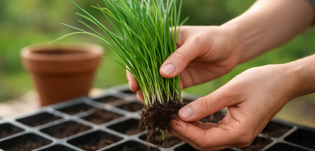 A clump of chives lifted from a pot and being divided into smaller sections by hand over a potting t