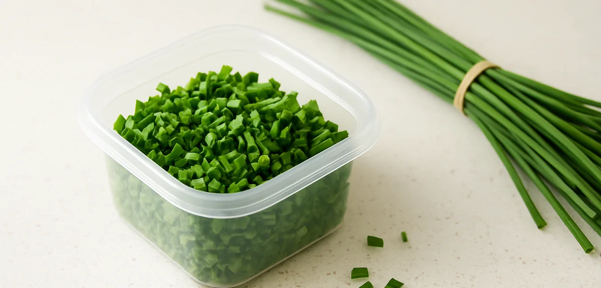 Chopped chive leaves in a small freezer container on a kitchen counter beside a bunch of fresh stems