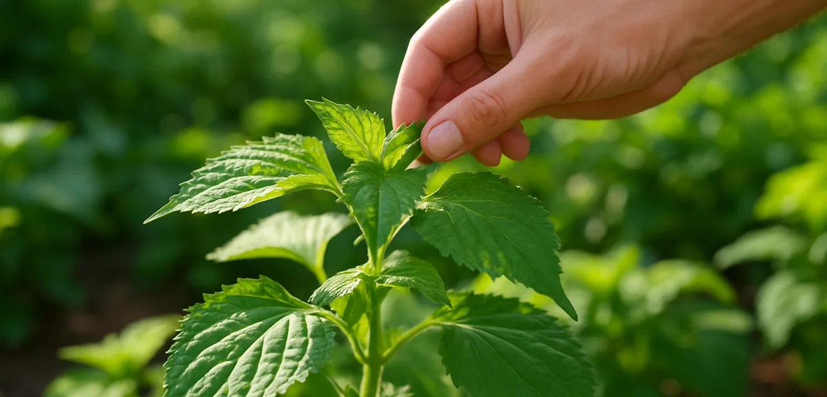 A gardener pinching the top of a perilla plant with fingers leaving several lower nodes, summer morn