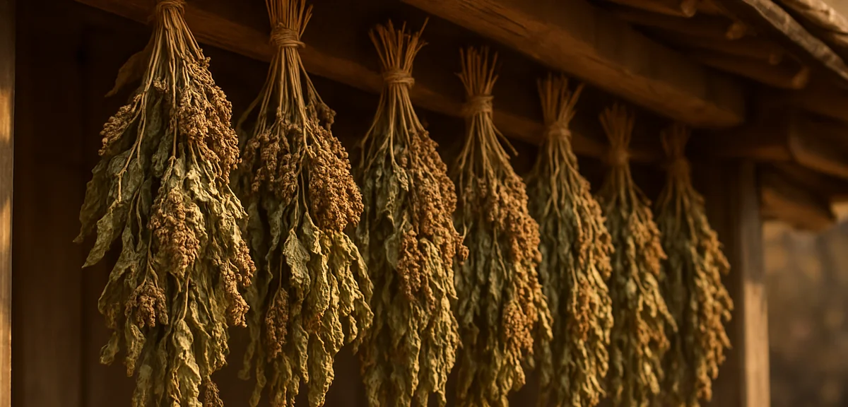 Bundles of perilla stalks hanging to dry under the eaves with seed heads turning brown, autumn light