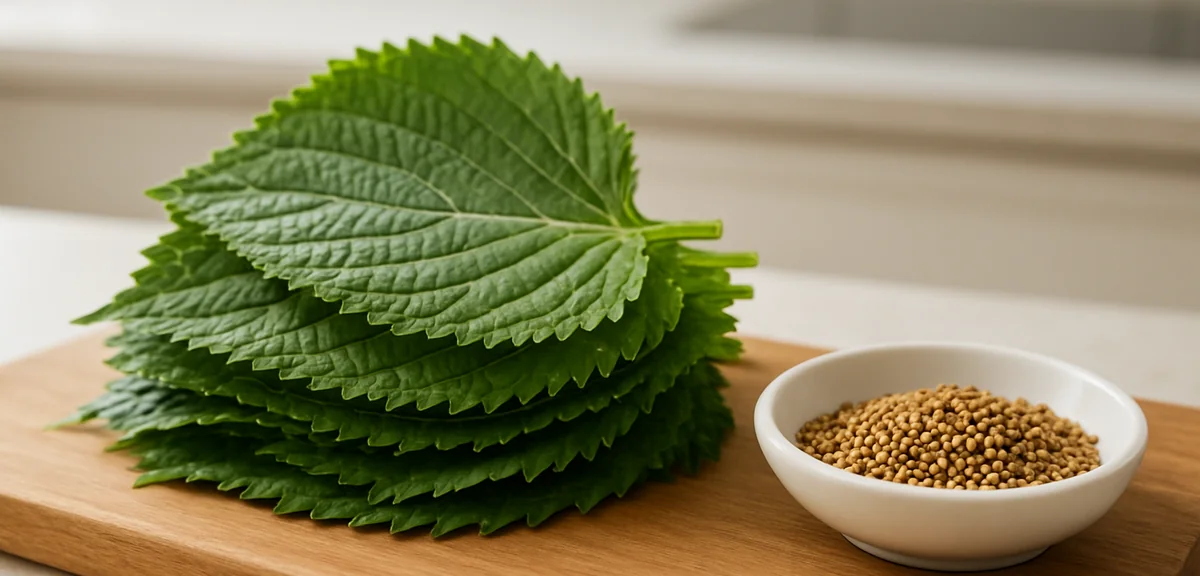 Fresh perilla leaves stacked on a wooden board in a kitchen beside a small dish of harvested seeds,