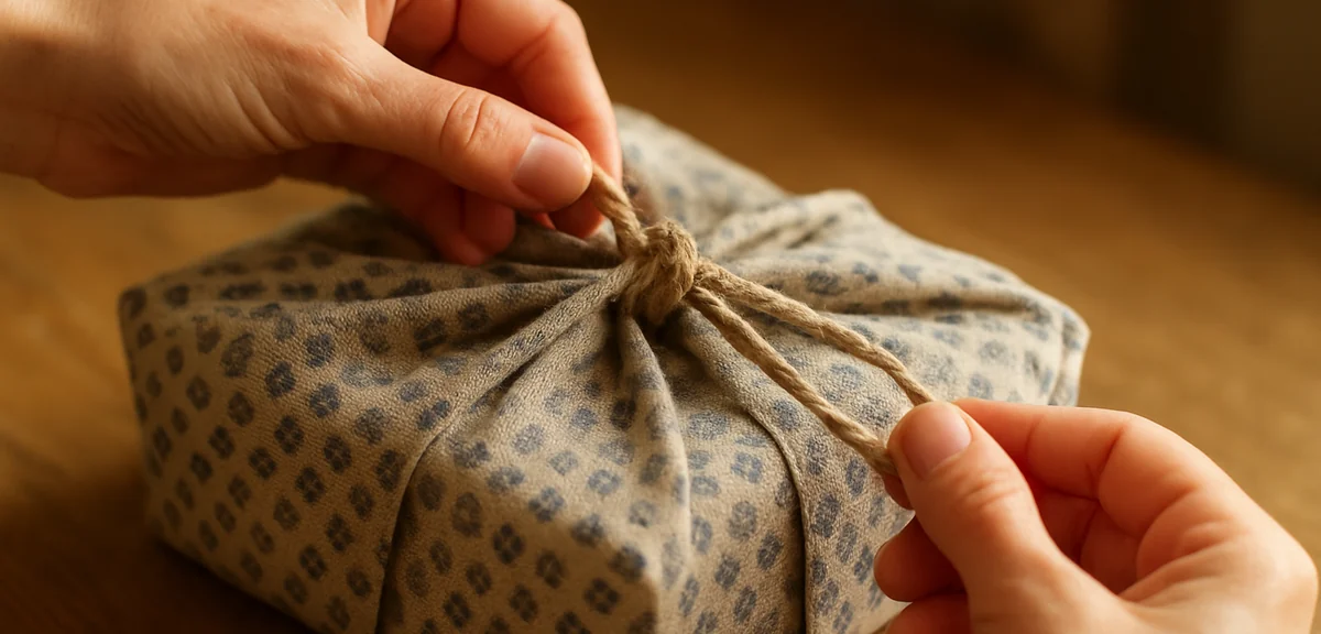 Close up of two hands tying a square knot in the corners of a patterned cloth over a wrapped parcel,