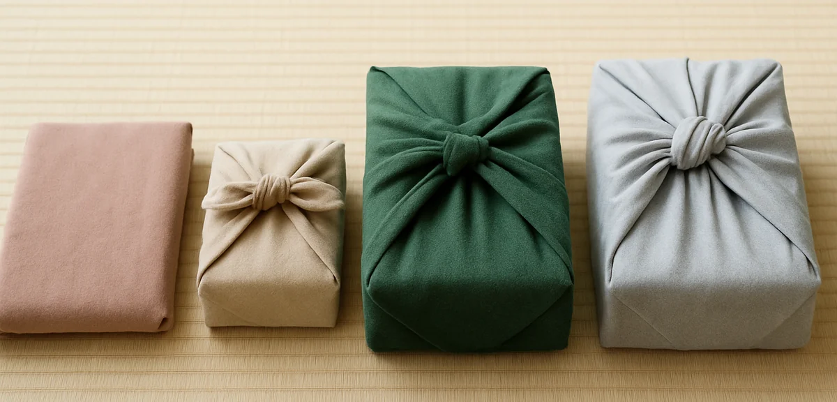 Several wrapped items side by side on a tatami floor showing different furoshiki wrapping styles inc