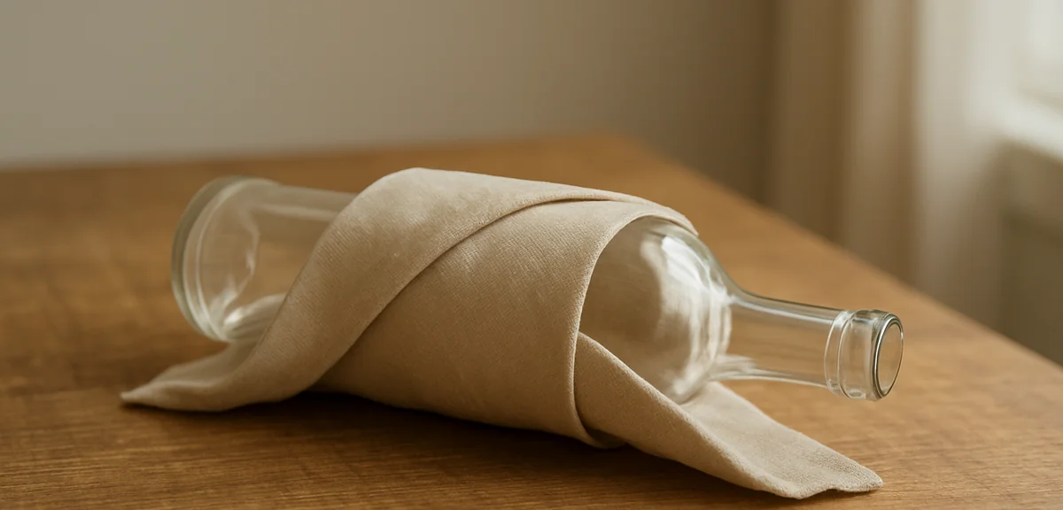 A glass bottle being wrapped diagonally in a cloth on a wooden table, the fabric rolled around it, i