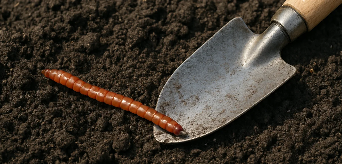 A slender shiny brown wireworm larva about two centimetres long lying on dark soil beside a trowel,