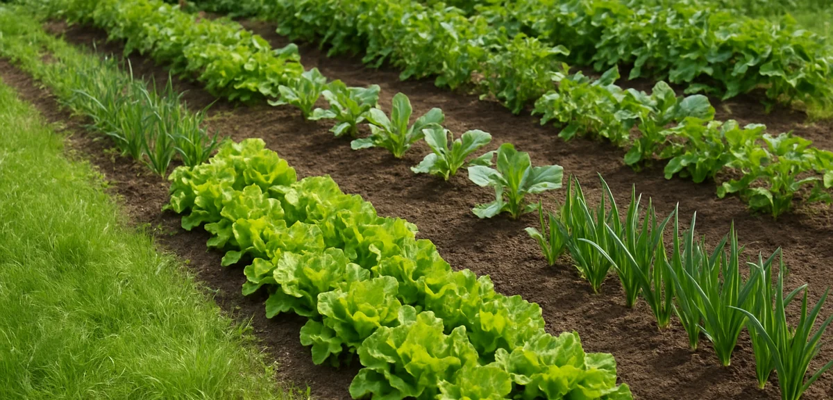 A home vegetable plot with grassy weedy edges adjacent to the cultivated beds, early summer daylight