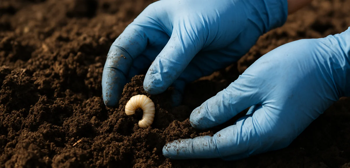 Gloved hands sifting through turned garden soil looking for larvae before planting, spring daylight