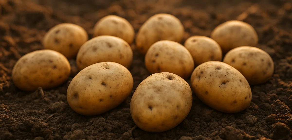 Freshly dug potatoes laid out on soil in the shade, some with small bore holes visible, autumn after