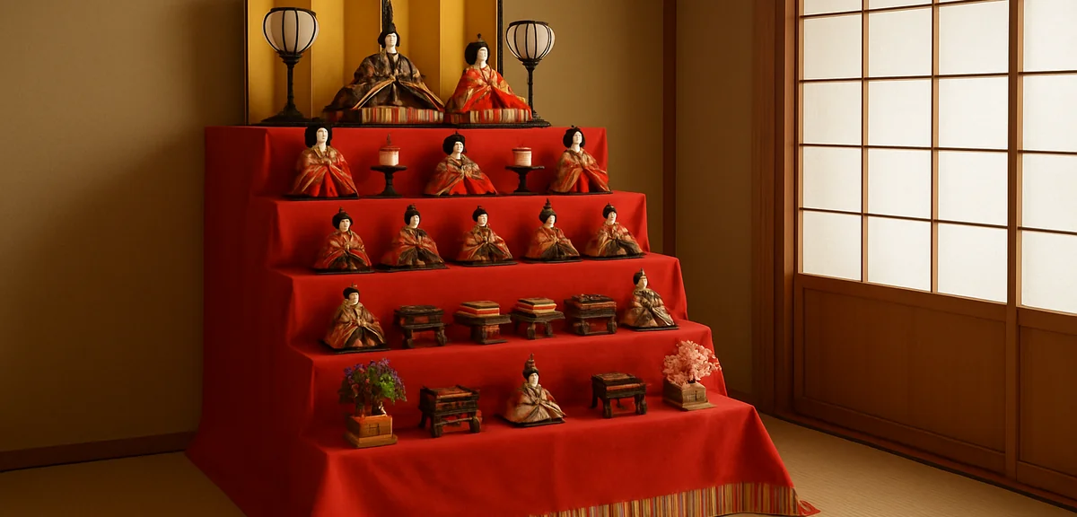 A full tiered hina doll display with red cloth covering the steps, set up in the corner of a japanes
