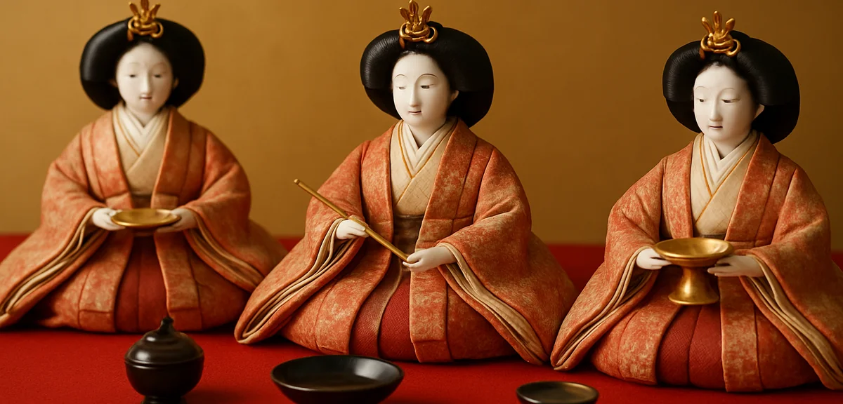 Close up of the second tier of a hina display showing three court lady dolls with their serving impl
