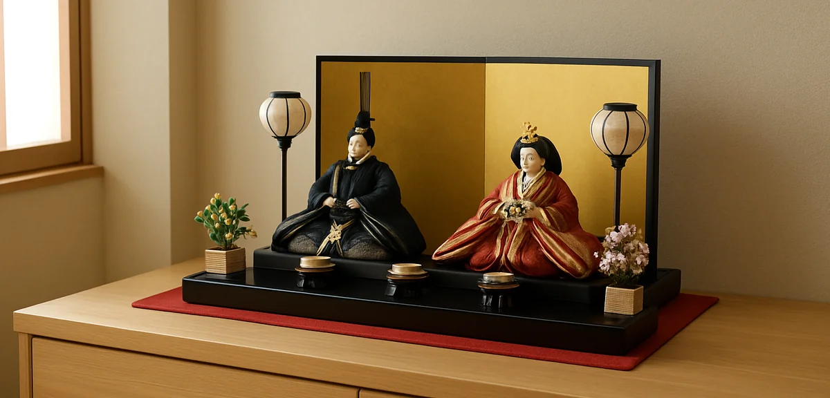 A compact two tier hina doll display placed on a low cabinet against the wall of a modern japanese s