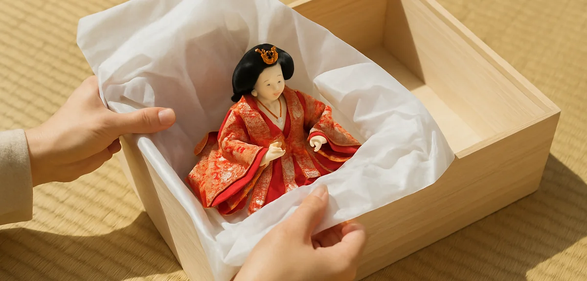 Hands wrapping a hina doll in soft tissue paper before placing it into a wooden storage box on a tat