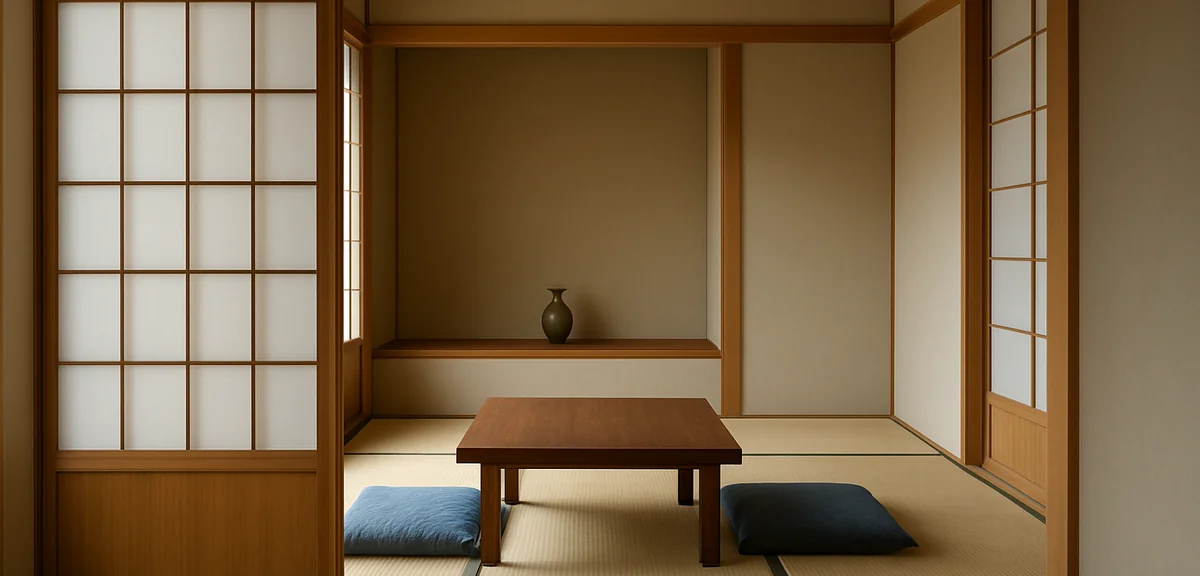 Looking into a japanese tatami room from the sliding door, with an alcove visible on the far wall an