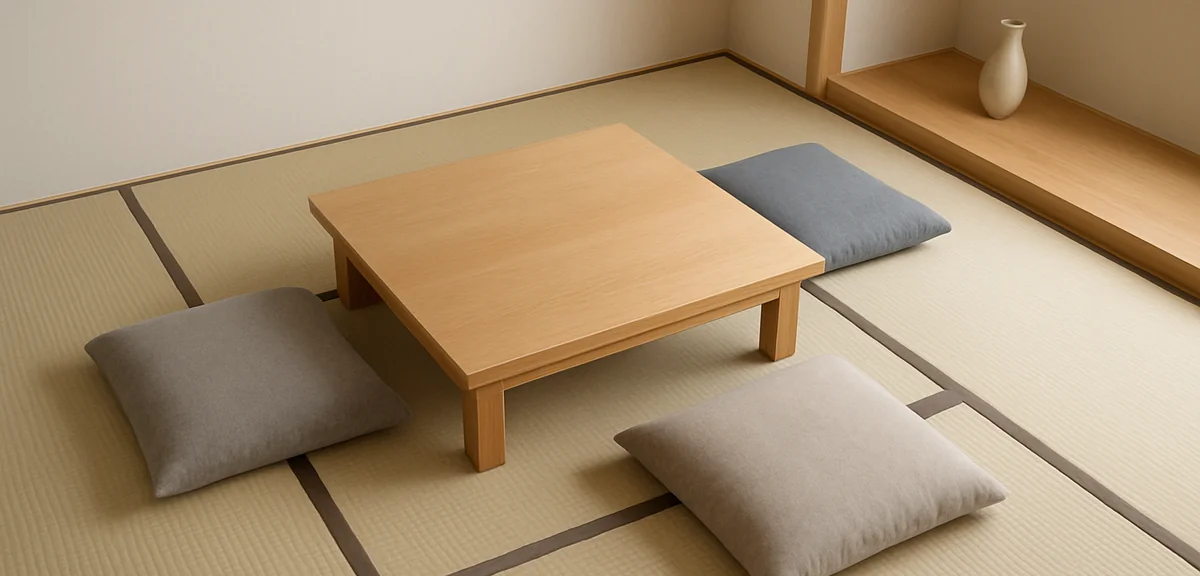 A simple overhead diagram style arrangement of four floor cushions around a low table in a tatami ro