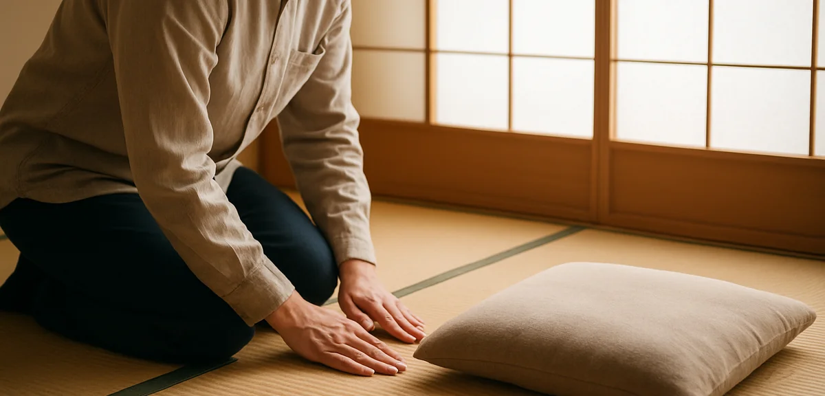 A person kneeling beside a floor cushion in a tatami room with hands placed on the mat in a greeting