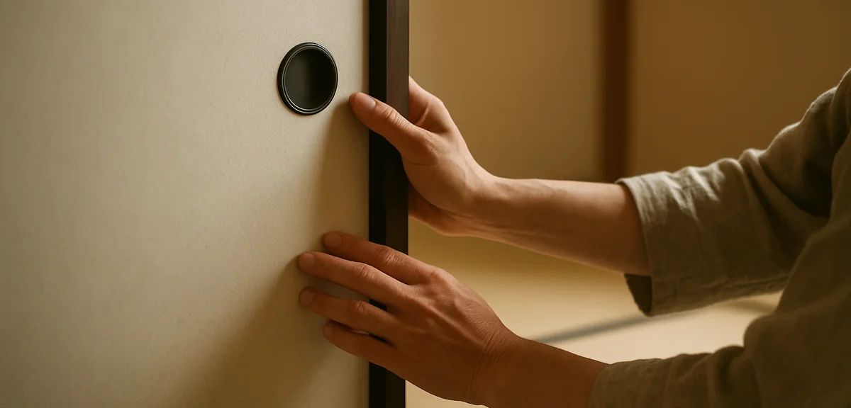 Close up of folded hands opening a sliding fusuma door from a seated position in a japanese room, ca