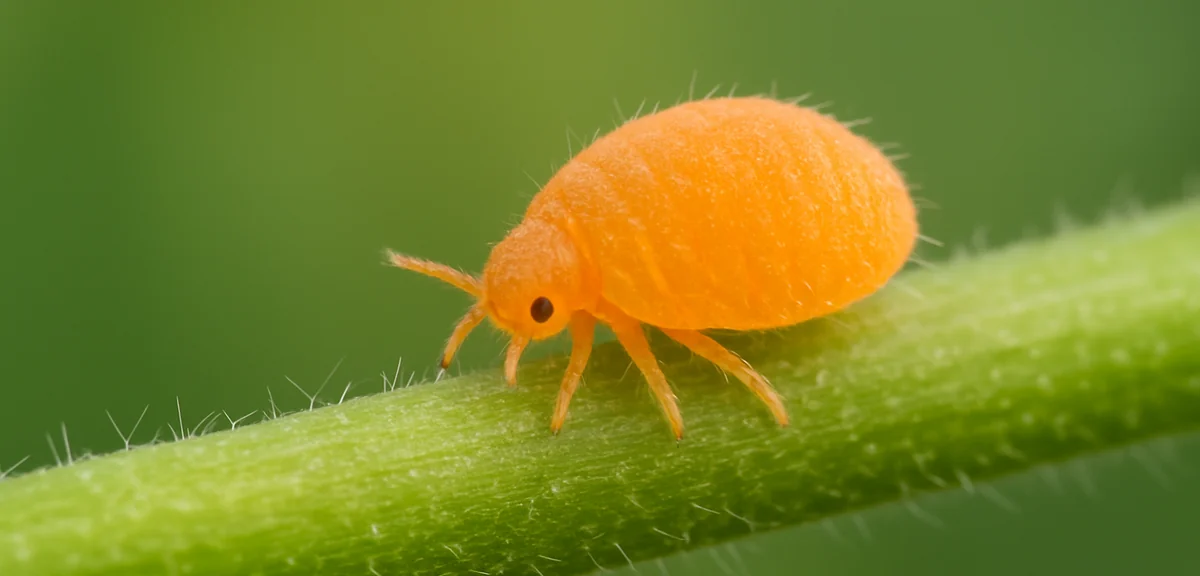 Extreme macro of a tiny orange crawler stage scale insect walking along a green plant stem, before f
