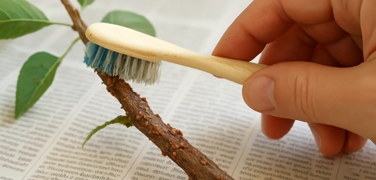 A hand using an old toothbrush to scrub small scale insects off a woody plant stem over a sheet of n