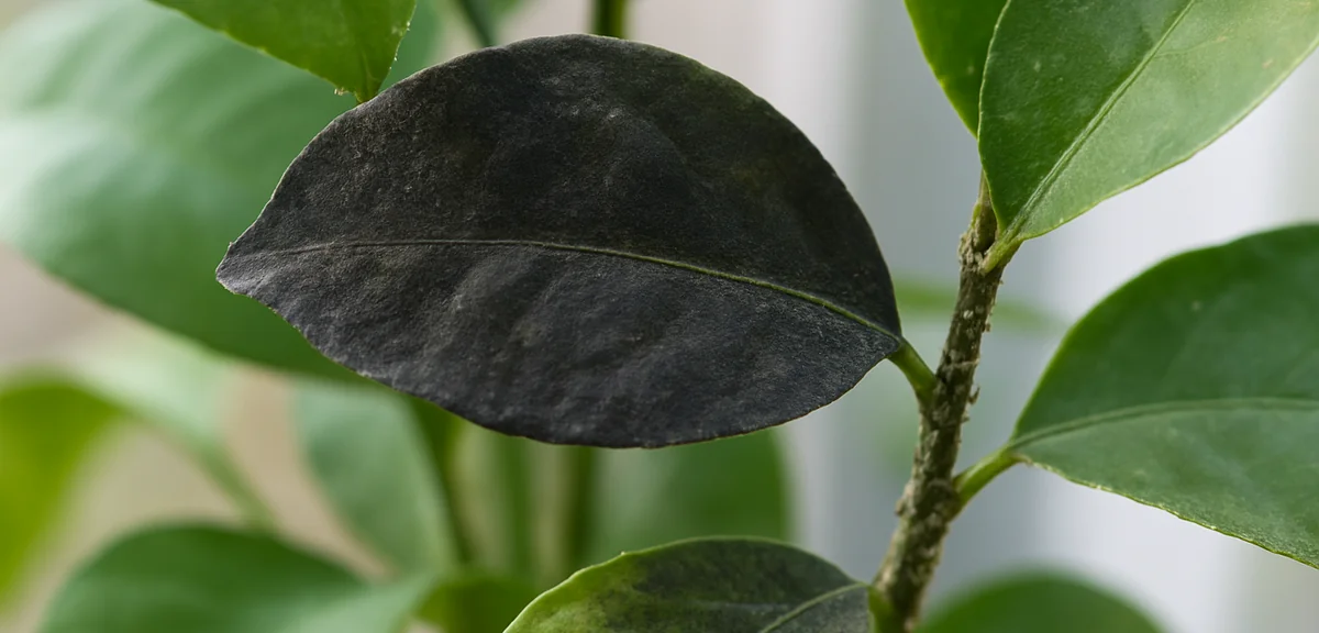 Leaves of a potted citrus plant partly blackened with sooty mould and small scale insects visible on