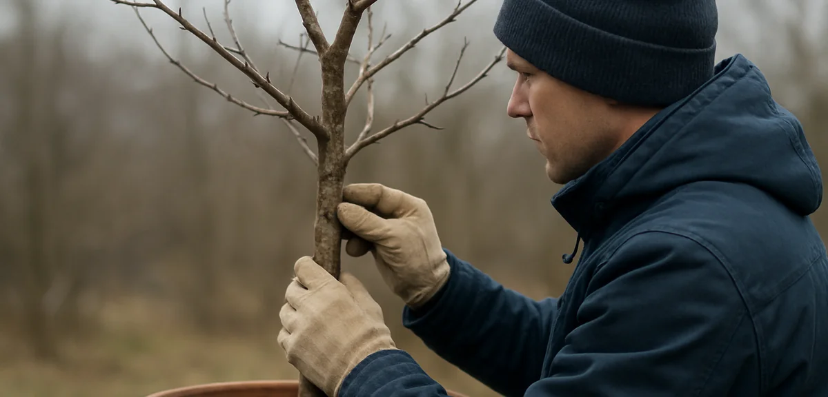 A bare deciduous potted fruit tree in winter with clearly visible branches, a gardener inspecting th