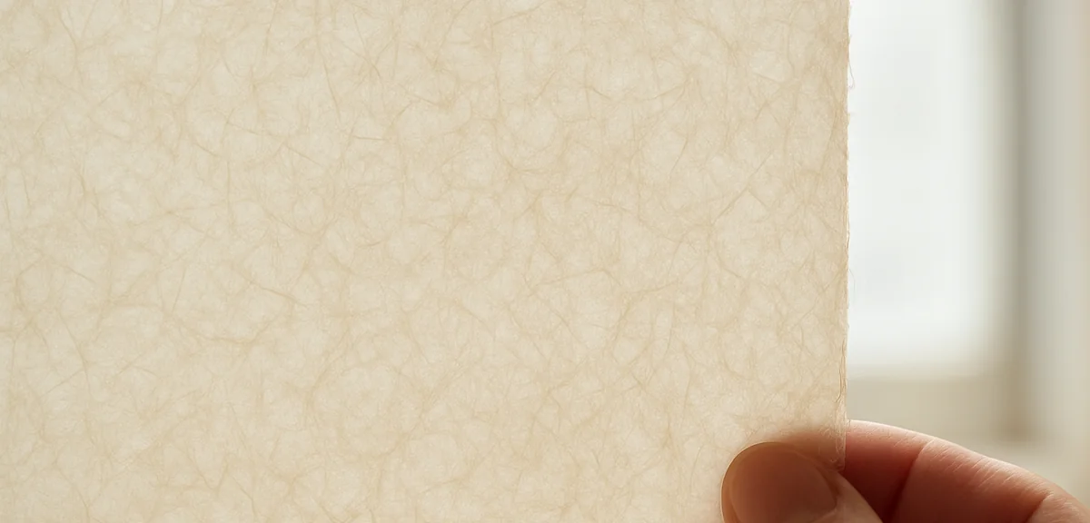 Close up of the fibrous texture of a sheet of japanese paper held up to soft window light, showing i
