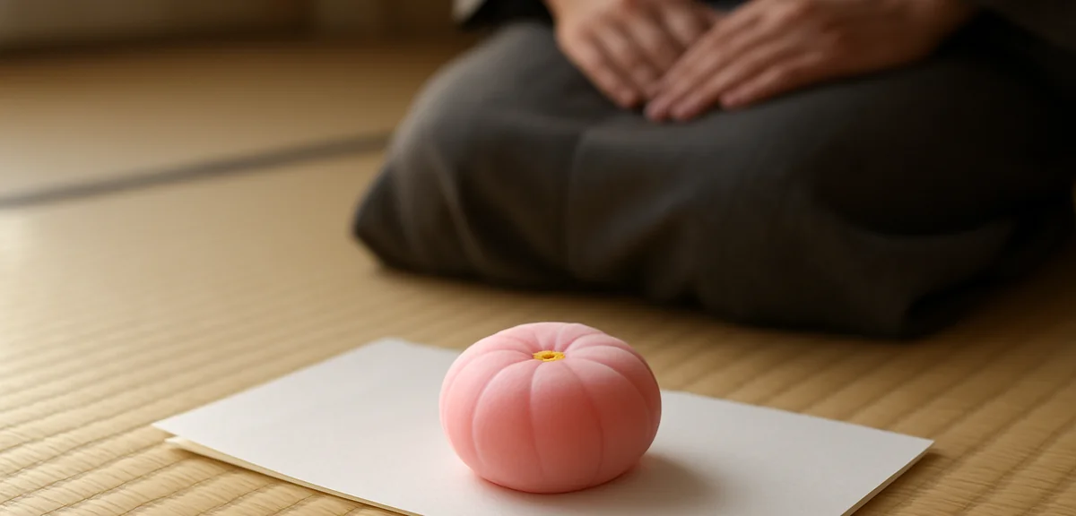 A wagashi sweet resting on a folded sheet of white paper on a tatami mat in front of a seated guest,