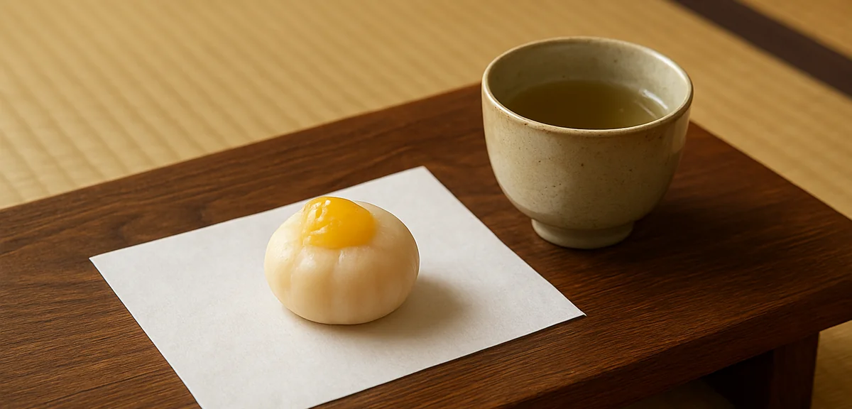 A sheet of white japanese paper used as a plate for a small sweet on a low wooden table in a tatami