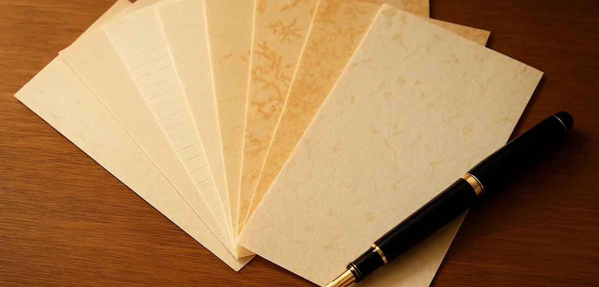 Several sheets of plain and patterned japanese paper fanned out on a desk beside a fountain pen, war